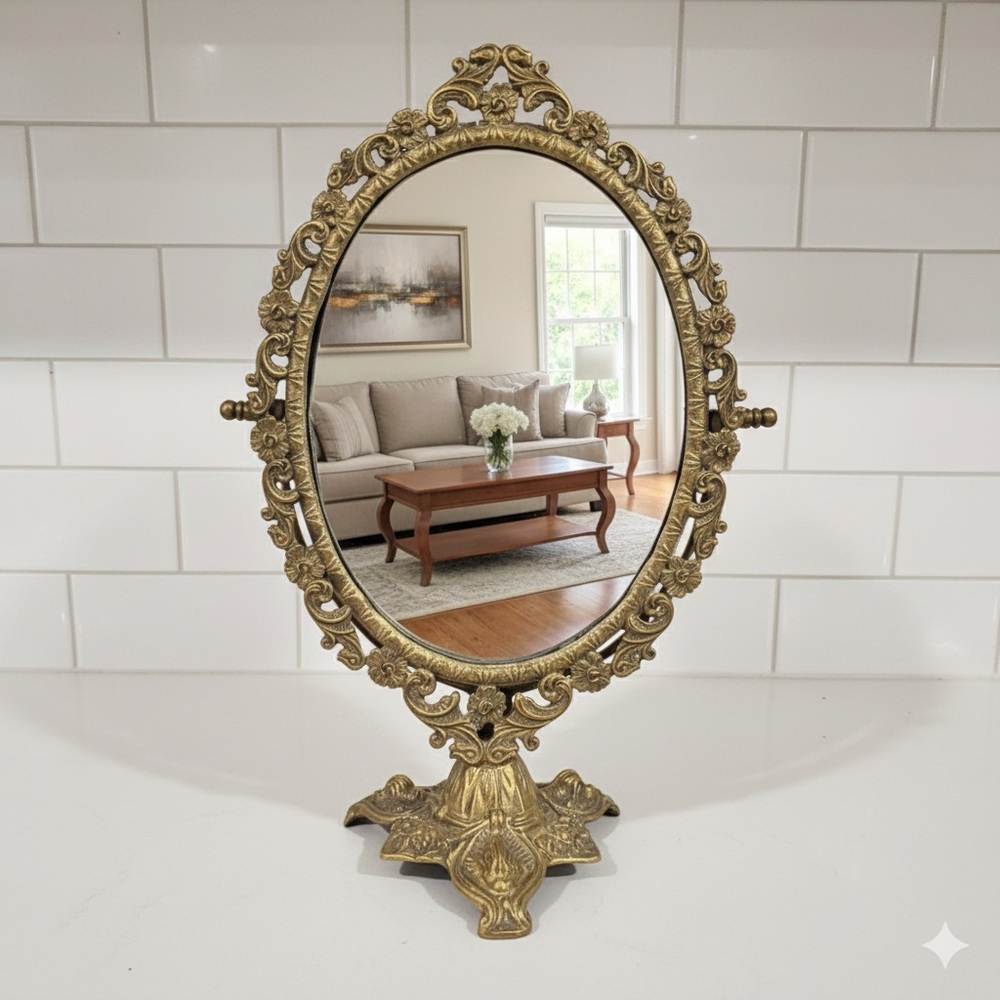Rococo Ornate Brass Standing Adjustable Swivel Makeup Vanity Mirror Frame Swivel